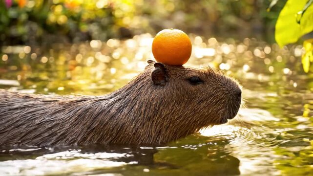 Whimsical capybara balancing an orange on its head, swimming in sunlit water.