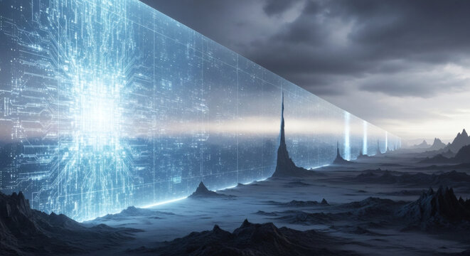 Glowing blue digital energy wall representing a high-tech firewall or virtual barrier in a dark futuristic alien mountain landscape