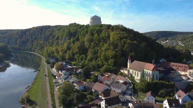 Aerial view of Befreiungshalle on Michelsberg above Kelheim with the Danube River, town and surrounding wooded landscape in Bavaria, Germany