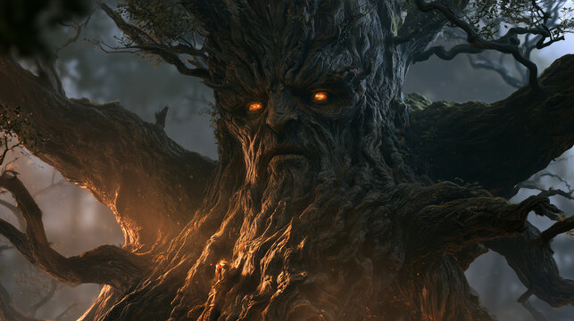 Ancient tree spirit with a humanoid face carved into a massive tree trunk, glowing eyes, twisted branches forming its body