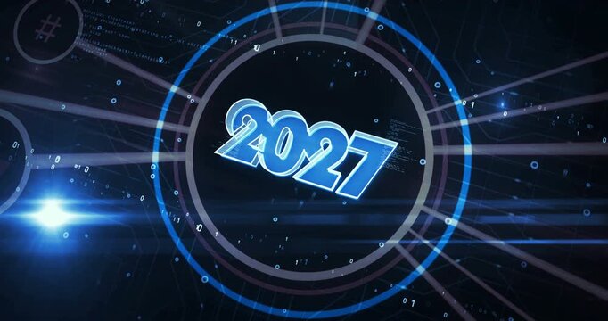 2027 new year symbol digital concept. Cyber technology and computer network background abstract 3d animation.