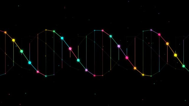 Animated dna helix structure with colorful nodes rotating in a dark digital space