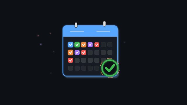 Animated calendar planner with colorful checkmarks and daily task management schedule for business productivity and time planning