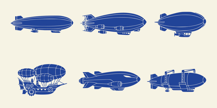 Set of blue steampunk airship and blimp icons on cream background