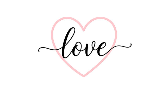 Valentine Day love calligraphy text with a pink heart outline element