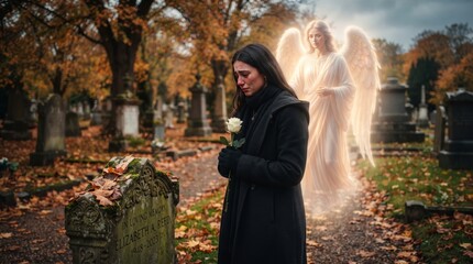 Obraz premium Grieving woman holding a white rose beside a gravestone as an angel stands behind her. Christian faith and Catholic remembrance. Bereavement, mourning, spiritual comfort and memorial tribute