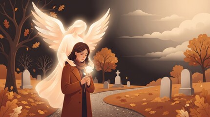 Obraz premium Woman holding a flower beside a guardian angel in an autumn cemetery. Catholic faith and spiritual comfort. Grief, bereavement and remembrance. Memorial prayer and afterlife concept.