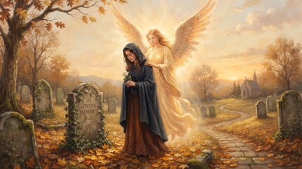 Obraz premium Grieving woman holding a white rose beside angel in autumn cemetery. Christian faith and comfort. Catholic remembrance and bereavement. Memorial, mourning and spiritual hope.