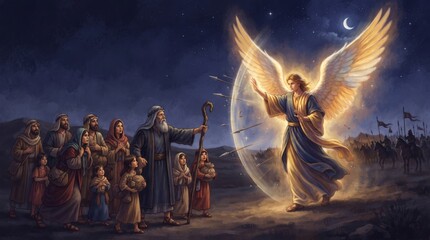 Obraz premium Winged angel shielding a biblical family from armed riders beneath a starry sky. Jesus Christ and the Holy Family. Christian faith and divine protection. Biblical illustration.
