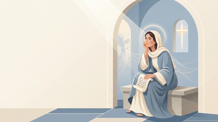 Obraz premium Virgin Mary seated with a scroll as an angel appears in a church interior. Annunciation of Jesus Christ in Christian tradition. Catholic faith and biblical illustration. Religious banner