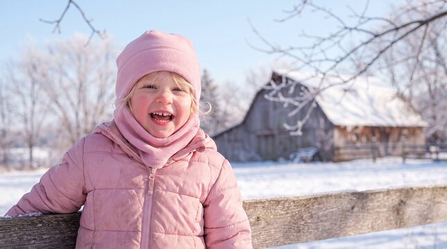 Laughing toddler girl in pink winter jacket and hat by snowy barn on farm, cheerful winter portrait