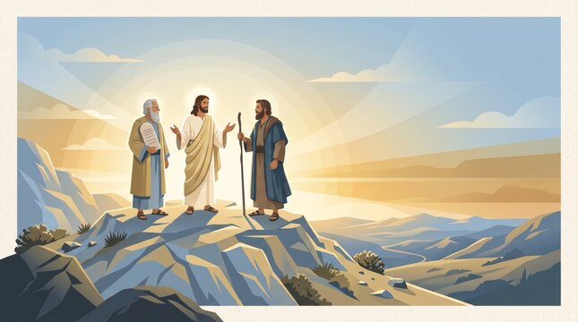 Jesus Christ with Moses and Elijah on a mountain, biblical Transfiguration illustration. Christian faith and Catholic religion. Scripture, worship and gospel story. Religious teaching art.