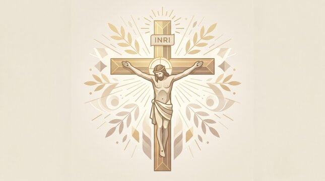 Illustration of Jesus Christ on the cross with INRI inscription. Catholic Christian faith and salvation. Good Friday and Easter devotional art. Sacred religious icon and worship.