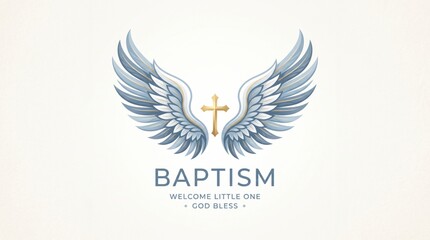Obraz premium Baptism greeting graphic with golden cross and blue angel wings. Christian baptism and Catholic faith. Newborn blessing and church celebration. Religious invitation card design.
