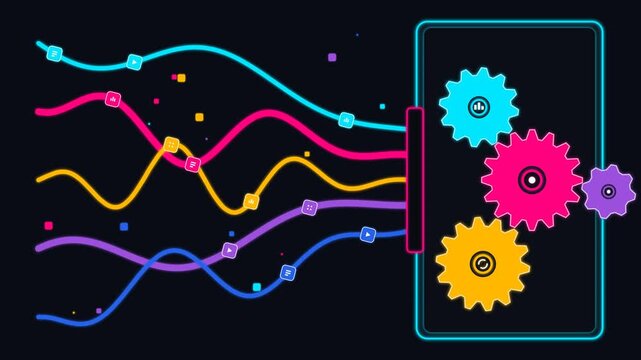 Animated neon infographic waves feeding data into spinning mechanical gears on dark background, data flow