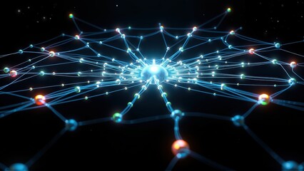 Obraz premium Bright network radiates from central point. Lines connect numerous colorful nodes against dark background. Futuristic, complex system.