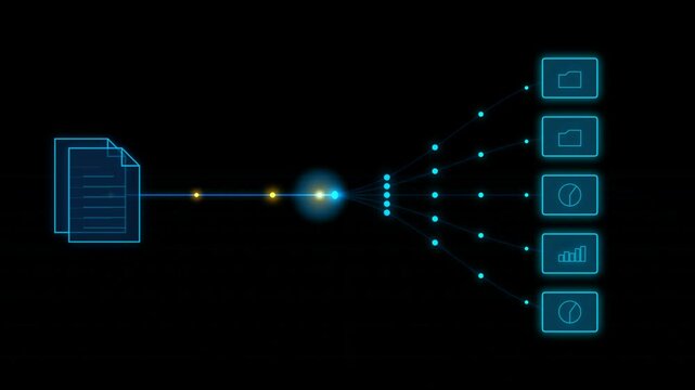 Digital document data processing animation with glowing nodes and icons on black background