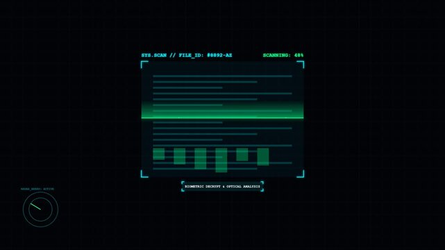 A high-tech sci-fi animation of a futuristic holographic document being scanned by a glowing laser line. Features tech HUD grids, biometric scanning text, percentage counters, and glowing neon data po