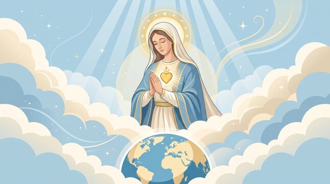 Virgin Mary with sacred heart above Earth among clouds. Catholic devotional illustration. Marian prayer and intercession. Christian faith, global blessing and spiritual protection.