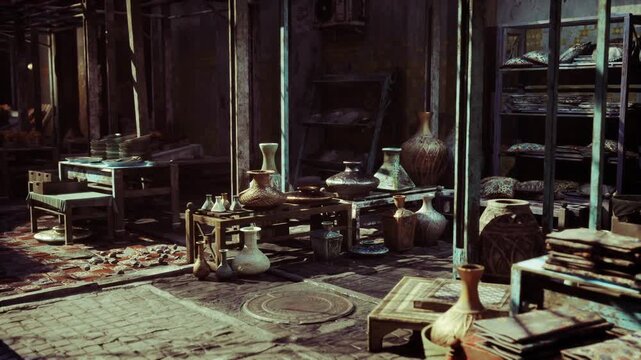 shadowed storage room filled with ceramic vessels and crates, stacked shelves, dusty floor, metal racks, industrial textures, subdued lighting