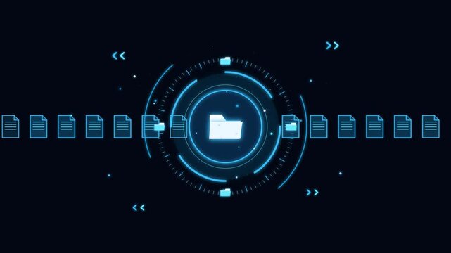 Futuristic digital file management system animation with glowing folder icon and data transfer flow in cyberpunk blue theme