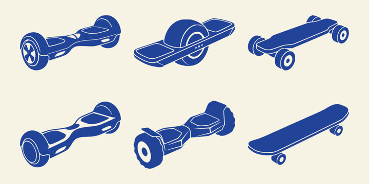 Collection of electric skateboards and hoverboards in blue style