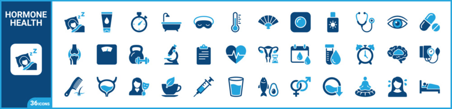 Perimenopause two-tone icon set. Filled glyph pictograms of endocrinology, symptom, therapy, and gynecology elements, blue duotone illustration.