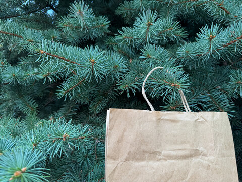 Kraft paper bag hanging on green pine tree branches, eco friendly christmas delivery, natural packaging concept.