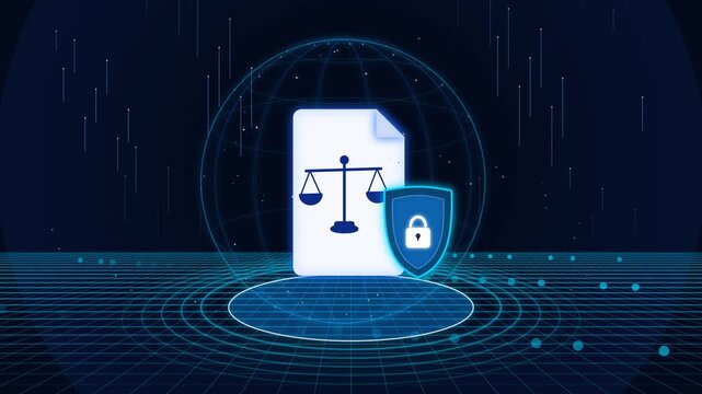 Digital law and cyber security concept animation featuring a secured legal document with scales of justice and padlock shield inside a glowing data sphere