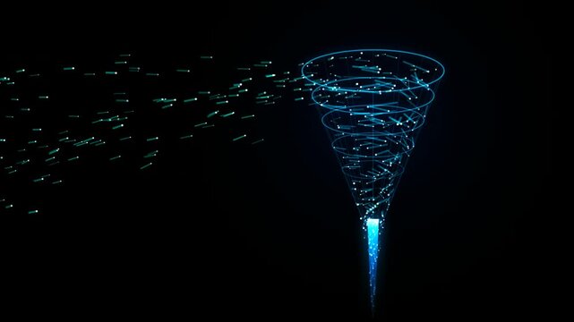 Digital data funnel with particles flowing into a central network structure