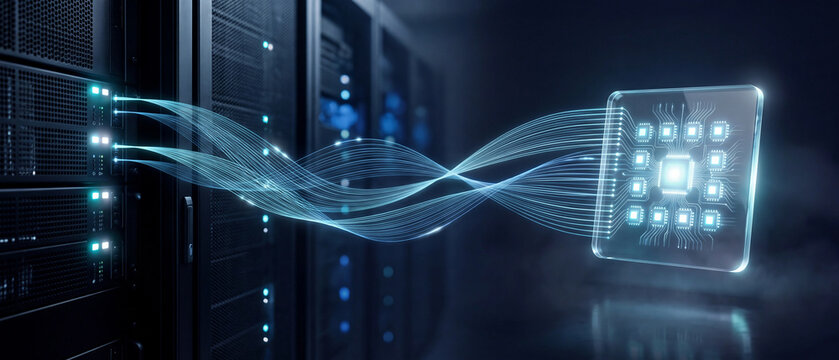 Glowing lines extend from server racks to an AI microchip. A concept representing a data center and massive computing power.