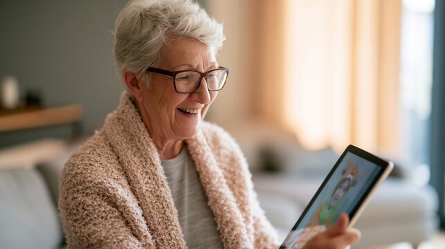 Senior woman video calling on tablet