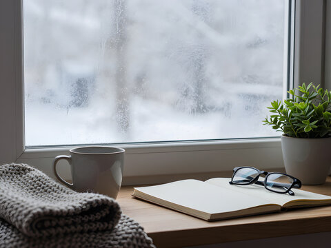 Cozy Window View: A warm woolen blanket, a steaming mug of coffee, and an open book with eyeglasses rest on a windowsill, offering a tranquil view of a frosted window on a cold day.