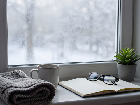 Cozy Winter Window Scene: A warm knitted blanket and a steaming mug rest beside an open book and glasses on a windowsill, with a frosted windowpane revealing a blurred winter landscape outside.