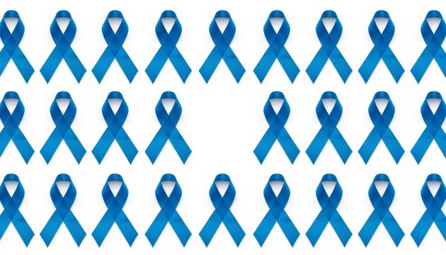 Blue awareness ribbons pattern for prostate cancer support on white background