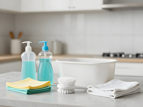 Kitchen Cleaning Supplies: Bottles of liquid soap, a scrub brush, folded cloths, and a basin are neatly arranged on a countertop, ready for household chores.