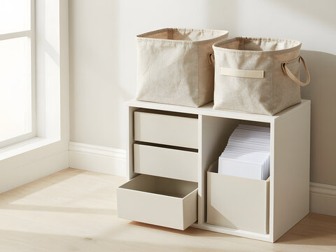 Neat Storage Solutions: Two beige fabric storage bins and a white shelving unit with drawers and a cubby filled with paper create an organized, minimalist corner, perfect for home or office.
