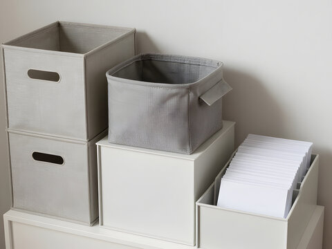 Neat Storage Solution: Several fabric and cardboard storage boxes are neatly stacked on top of each other with some papers in a storage unit, offering a clean and organized space.