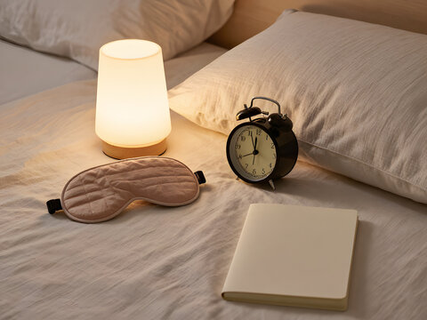 Cozy Night Routine: A soft, warm glow emanates from a bedside lamp, illuminating a neatly made bed adorned with a sleep mask and an open notebook, beside a vintage alarm clock.