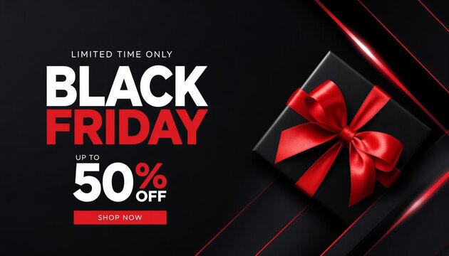 Black Friday sale banner with a black gift box and red ribbon on dark background