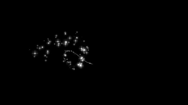 Glitter star line animation with sparkling white particles, magical fairy dust trail, glowing doodle stars, twinkling sparkle burst, luxury starlight transition on black background, seamless loop 4k