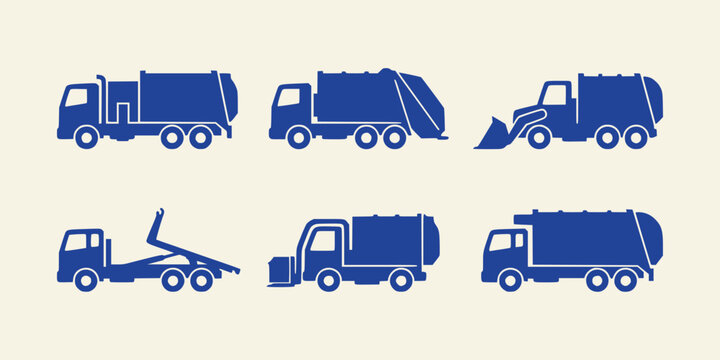 Blue garbage truck silhouettes set on a cream background