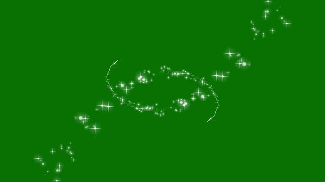 Glowing 2d glitter star sparkle animation, white twinkling doodle stars, magical fairy dust trail, sparkling line particles, shining star burst effect, elegant light transition on green background 4K