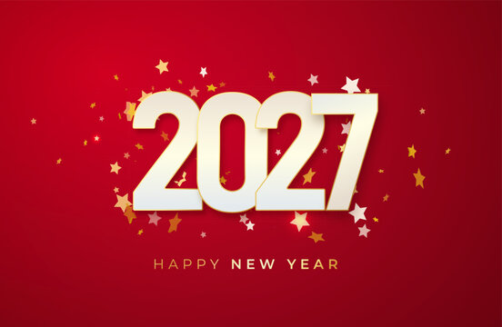 2027 Red Happy New Year Greeting Banner. Christmas Banner with Glitter Numbers date 2026 on Festive Background.