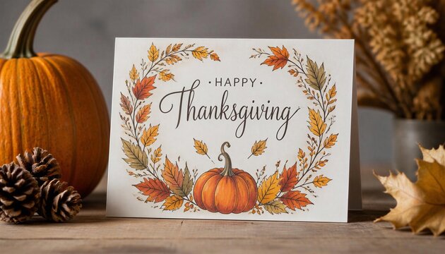 Happy Thanksgiving greeting card with pumpkin and autumn leaves illustration