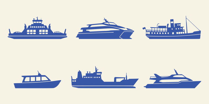 Set of different passenger ships and ferry boats in blue colors