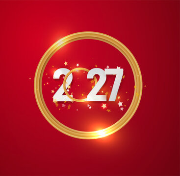 2027 Red Happy New Year Greeting Banner. Christmas Banner with Glitter Numbers date 2026 on Festive Background.