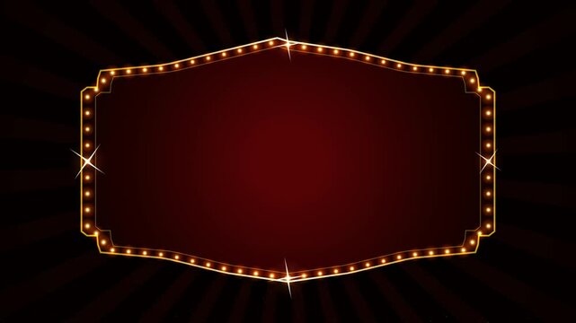 Vintage marquee sign with glowing light bulbs on a dark red background