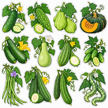 Collection of fresh climbing vegetables and squash flat design bundle