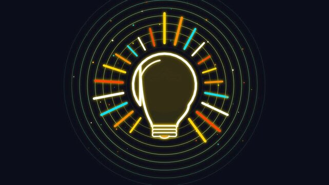 Glowing neon light bulb animation with concentric circles and radiant rays for creative innovation concepts, brainstorming ideas, and business solutions